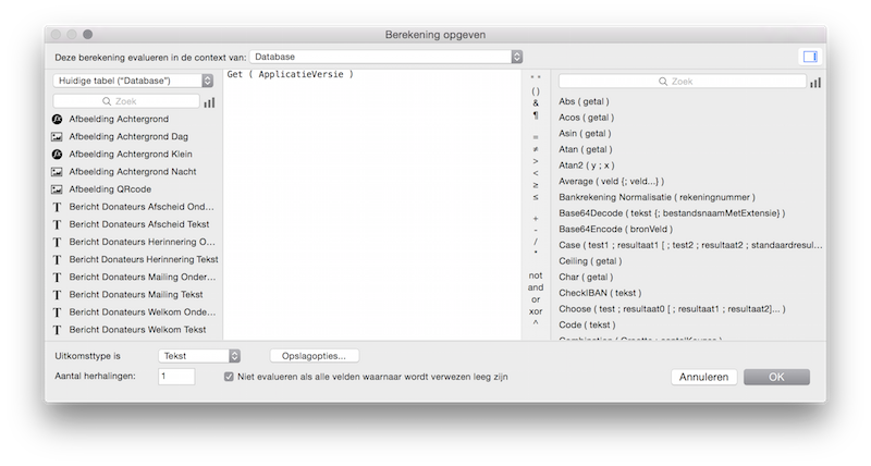 Het in FileMaker 14 vernieuwde scherm voor het opgeven van een berekening
